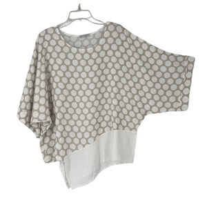 New Collection Linen Top Relaxed Plus Size 1X Tan White Polka Dot Lagenlook
